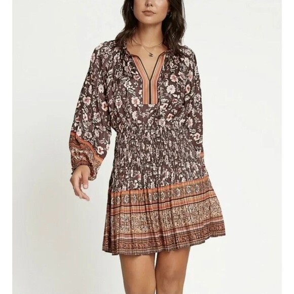 Current Air Long Sleeve Satin Pleated Boho Dress Brown Floral M Cottage Chic - Picture 14 of 14